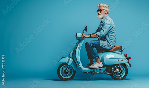 A gray-haired  bearded elderly man rides a scooter posing sideways on an isolated blue background