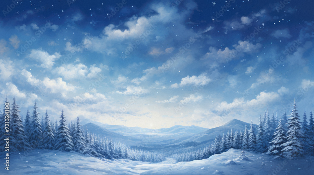 Winter landscape with snowy fir trees and snowdrifts. Christmas background .