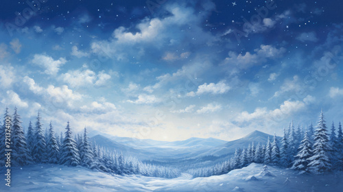 Winter landscape with snowy fir trees and snowdrifts. Christmas background .