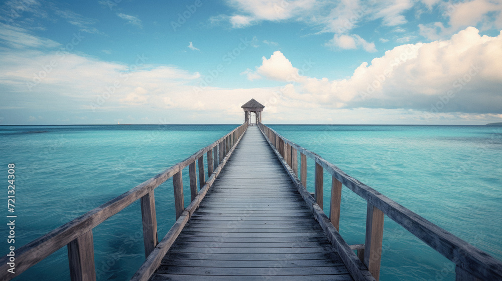 Wooden bridge in the sea with blue sky and white clouds .