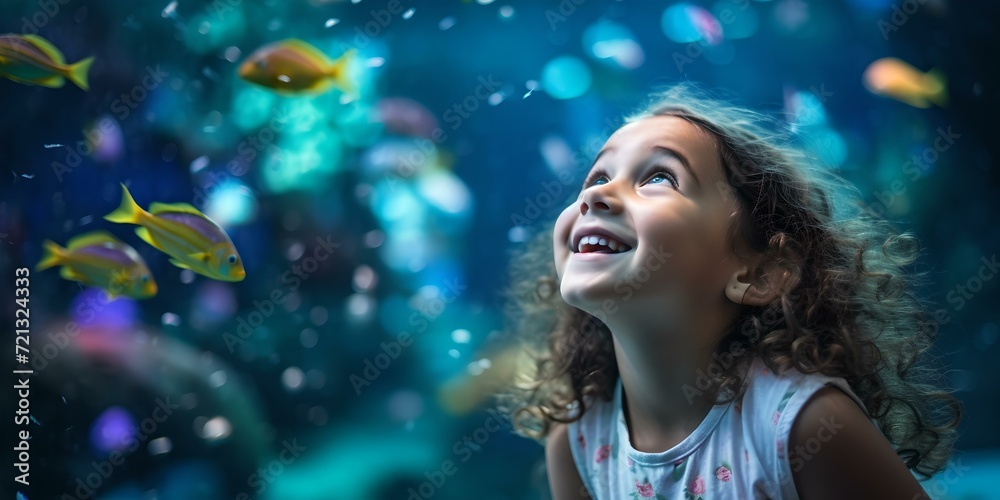 Young girl marveling at underwater life in an aquarium. joyful childhood experience with marine animals. AI