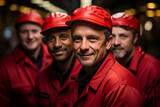 A group of men in red caps and uniforms at a factory is AI generated