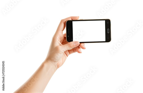 hand holding smartphone with blank screen and modern frameless design two positions angled and vertical - isolated on white background
