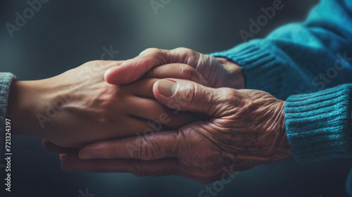Hands of elderly woman and young man holding hands, closeup