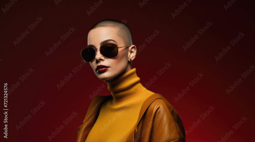 Attractive young woman in sunglasses and orange coat looking at camera isolated on red Attractive young woman in sunglasses and orange coat looking at camera isolated on red