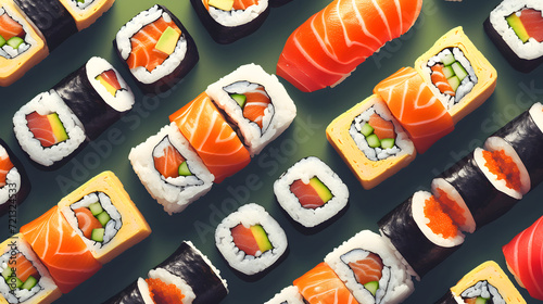 A well-organized display of various sushi rolls, creating a seamless pattern for a sushi lover's background