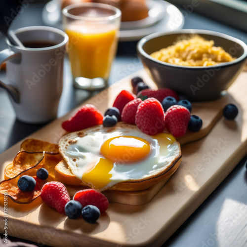 Top view of a nutritious breakfast with eggs on a board