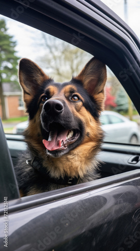 German shepherd dog sitting in a car with open mouth. Selective focus . © Art AI Gallery