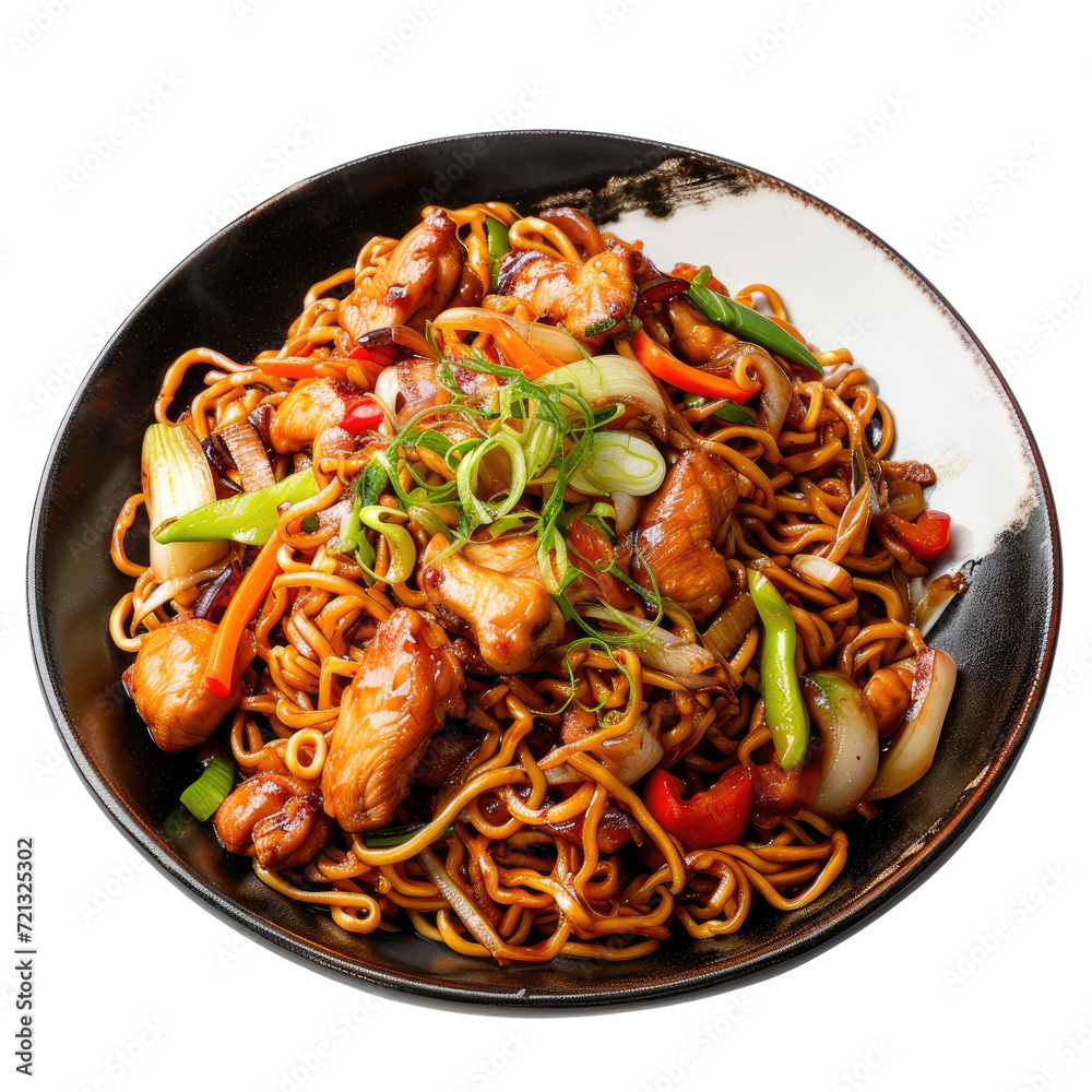 Bami, Fried noodles Asian food. Top view. Noodles with chicken and vegetables. Transparent background Bami, Fried noodles Asian food. Top view. Noodles with chicken and vegetables. Transparent background