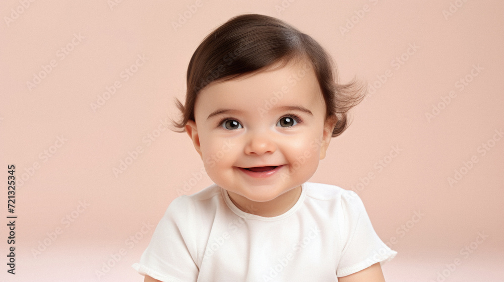 Adorable little baby girl smiling and looking at camera over pink background Adorable little baby girl smiling and looking at camera over pink background