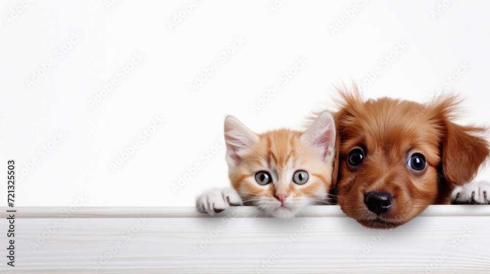 Cute little kitten and puppy peeking out from behind a wooden board