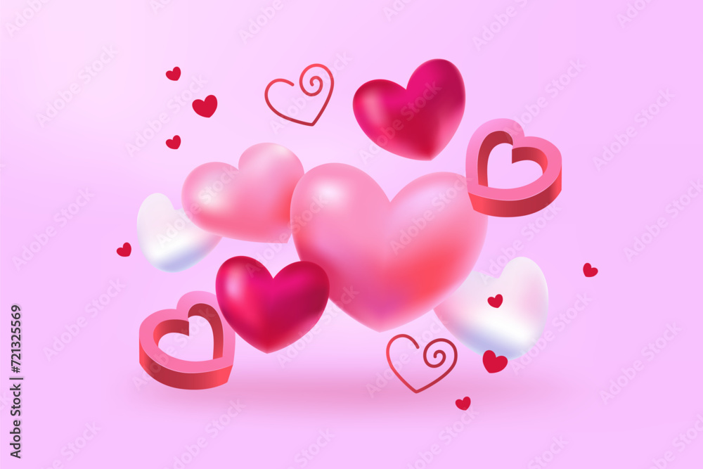 3D hearts. Happy Valentine's Day. Vector modern illustration. Pink color. Banner design