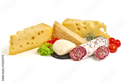 Maasdam, parmesan, Mozzarella cheese and Cured salami sausage, isolated on white background. photo