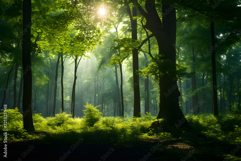 Obraz premium Lush green forest with sunlight filtering through background