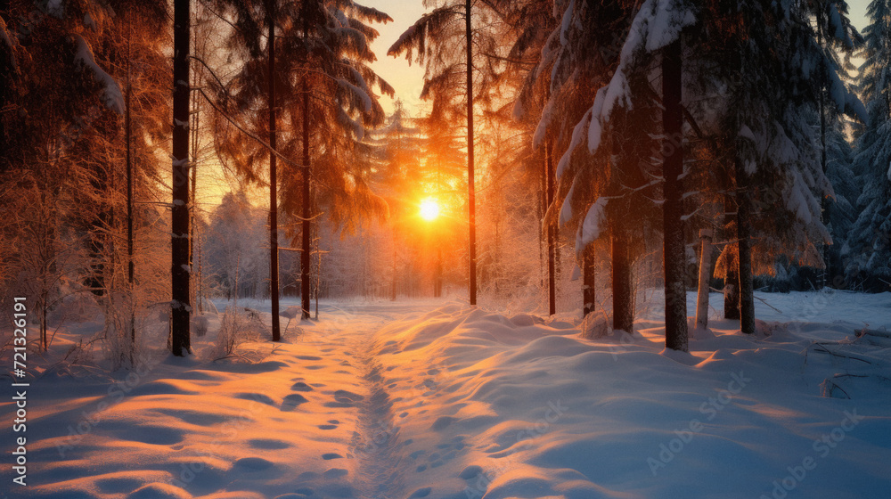 Sunset in the winter forest. Beautiful winter landscape with snowy trees .