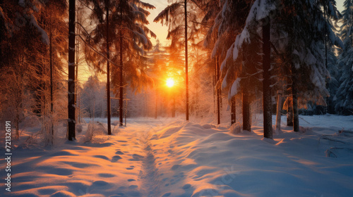Sunset in the winter forest. Beautiful winter landscape with snowy trees . © Art AI Gallery