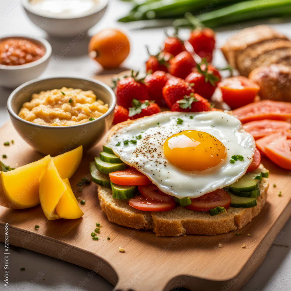 A breakfast sandwich featuring a fried egg, berries, and green garnish rests on a wooden cutting board. The English muffin is toasted and halved, adorned with blueberries and raspberries.
