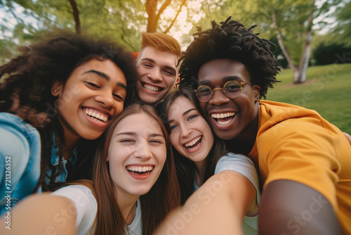 A group of happy, diverse teenagers is posing for a cheerful selfie outdoors, with a backdrop of greenery, all sharing genuine smiles. photo