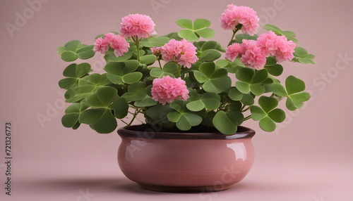 Green plant with pink flowers in a beautiful ceramic pot.