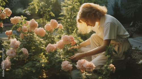 Woman gardening in a blooming flower garden on a sunny summer day
