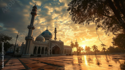 Beautiful sunset over skyline Mosque. Ramadan Kareem