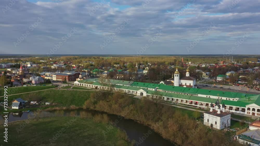 Aerial panoramic view of Suzdal city center with historic towers and churches. Famous historic city of Russia Aerial panoramic view of Suzdal city center with historic towers and churches. Famous historic city of Russia