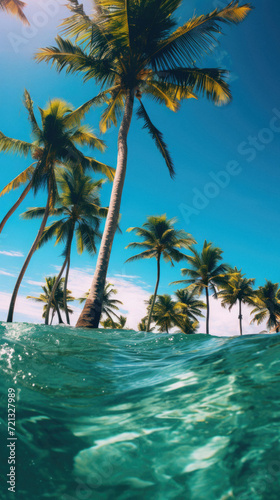 Coconut palm trees in the ocean. Tropical background. Selective focus .