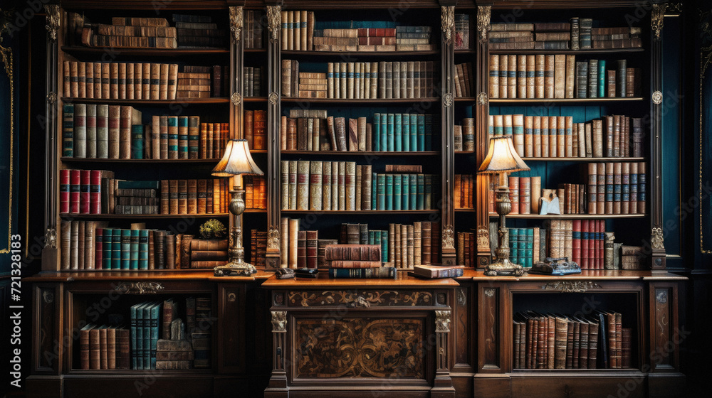 Old bookshelf with old books in the library. Vintage style . Old bookshelf with old books in the library. Vintage style .