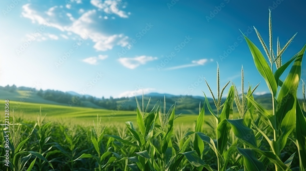 Beautiful sunny day over the green large field of corn. Majestic rural landscape with blue sunny sky with clouds. Idea concept corn harvest. - obrazy, fototapety, plakaty 