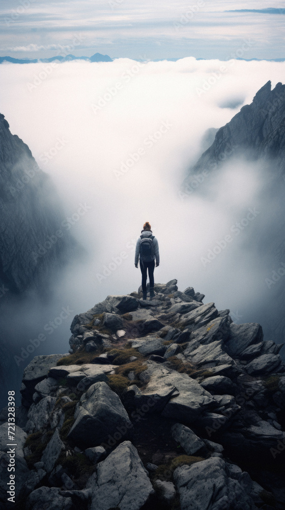 Man on the top of a mountain with fog in the background .