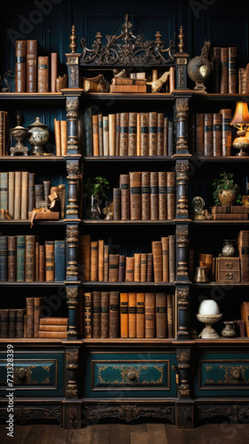 Old bookshelves with books and candlesticks in dark room