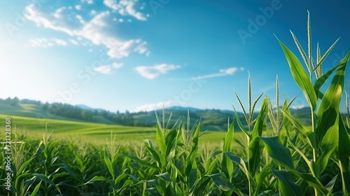 Beautiful sunny day over the green large field of corn. Majestic rural landscape with blue sunny sky with clouds. Idea concept corn harvest.