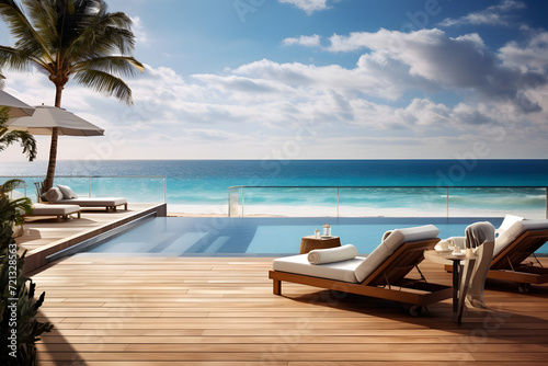 Luxury Hotel Pool Deck Overlooking the Ocean © sugastocks