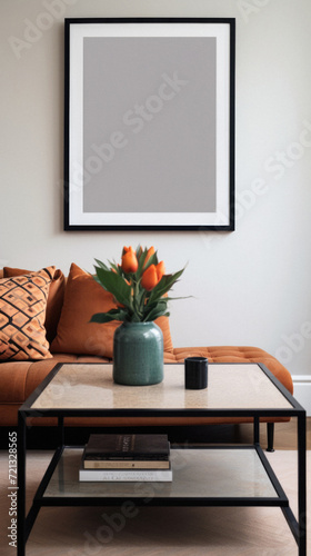 Interior of modern living room with scandinavian design, orange sofa, coffee table and black mock up poster frame © Art AI Gallery