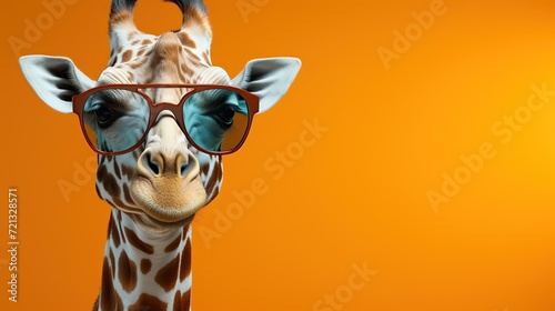 Giraffe wearing a eyeglasses on solid background.
