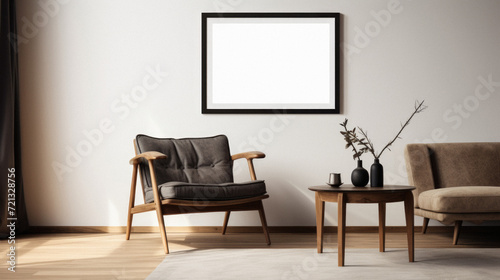 Living room interior with armchair, coffee table and mock up poster frame.  Rendering © Art AI Gallery