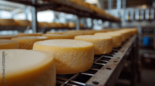 Large storehouse of manufactured cheese standing on the shelves ready to be transported to markets