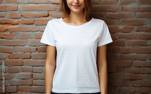 Close-up of young woman in blank white t-shirt, front view on brick wall background. Mockup T-shirt design, people concept.