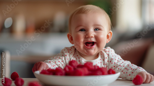 cute happy and healthy baby 7-8 months old eats raspberries while sitting in a highchair in the kitchen during complementary feeding