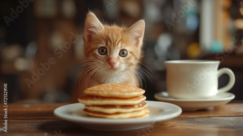 red little kitten looks at a plate of pancakes