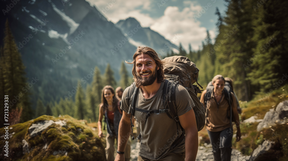 A candid photo of a family and friends hiking together in the mountains in the vacation trip week. sweaty walking in the beautiful European nature