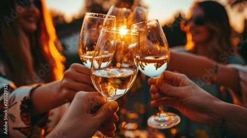 A clique of female friends cheers with glasses of white wine during sunset. Close-up. photo