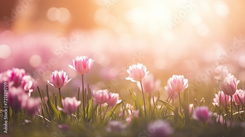 sunlight on Easter flowers, abstract blank blurred spring background, beauty in nature concept, copy space - generative ai © Nia™