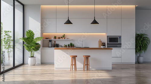 Corner of modern kitchen with white marble walls, white floor