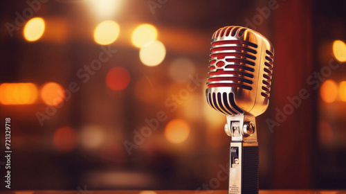 Retro microphone on a wooden table in a pub or club .