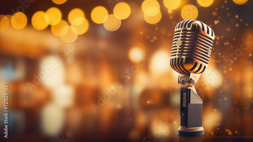Vintage microphone on stage with bokeh background. Music concept