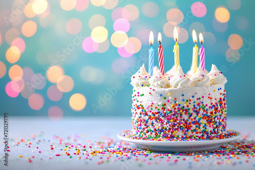 A children s birthday cake adorned with bright sprinkles and candles  set against a pastel bokeh background.