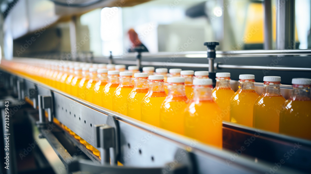 Orange juice bottle in a conveyor belt. AI Generative
