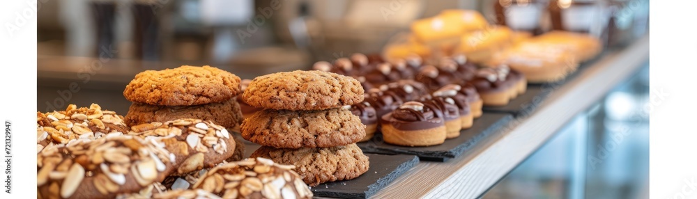 Modern bakery cafe display featuring healthy and gluten-free desserts, including almond flour cookies and oatmeal bars, natural lighting