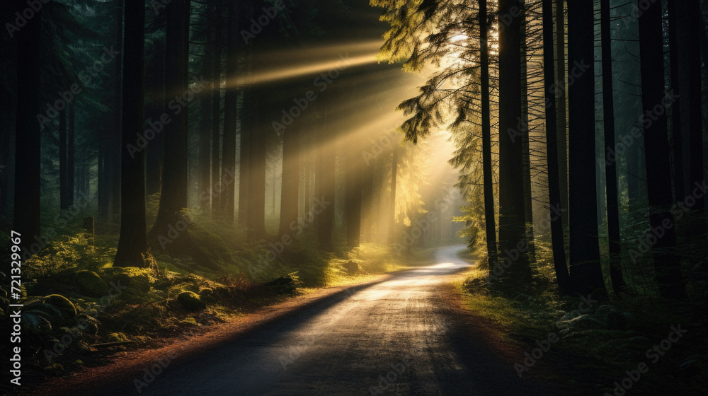 Obraz premium Foggy road in the dark forest with rays of light .